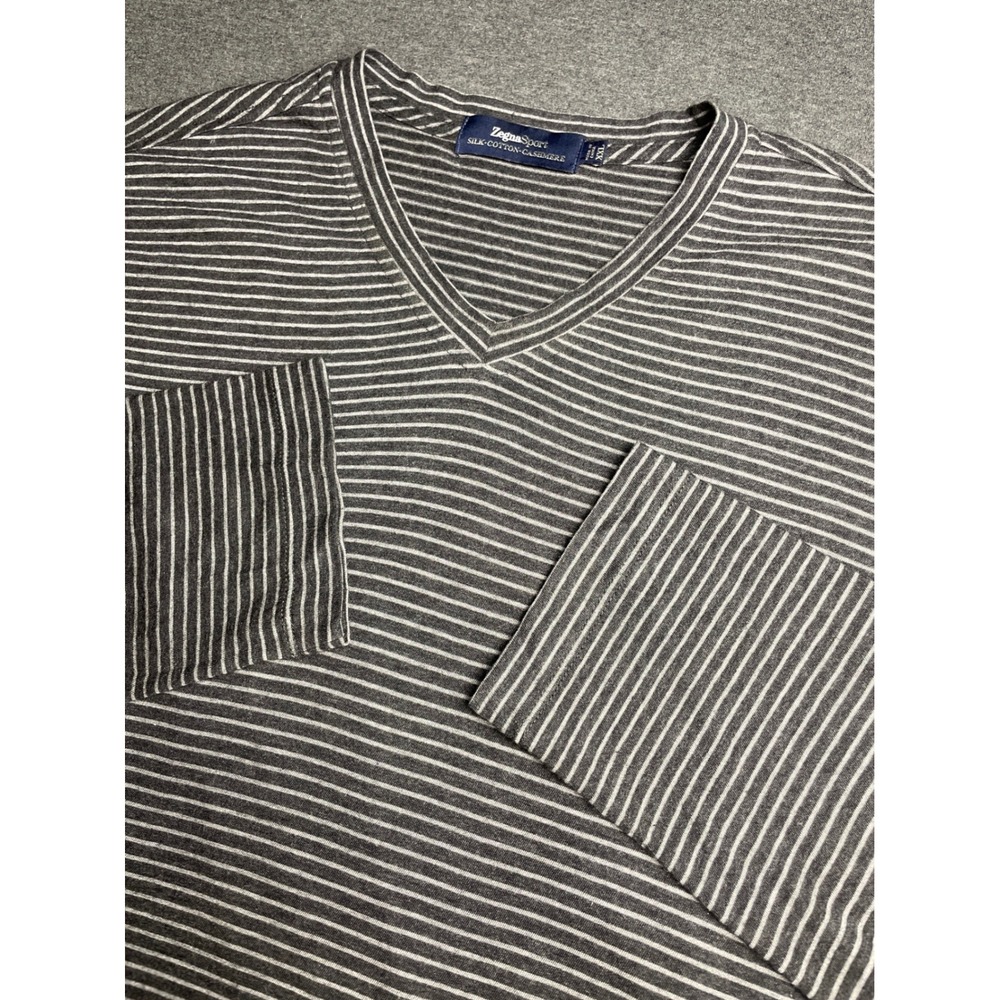 Zegna Sport Shirt Mens XXL Grey Stripe Silk Cotton Cashmere V-Neck Long Sleeve